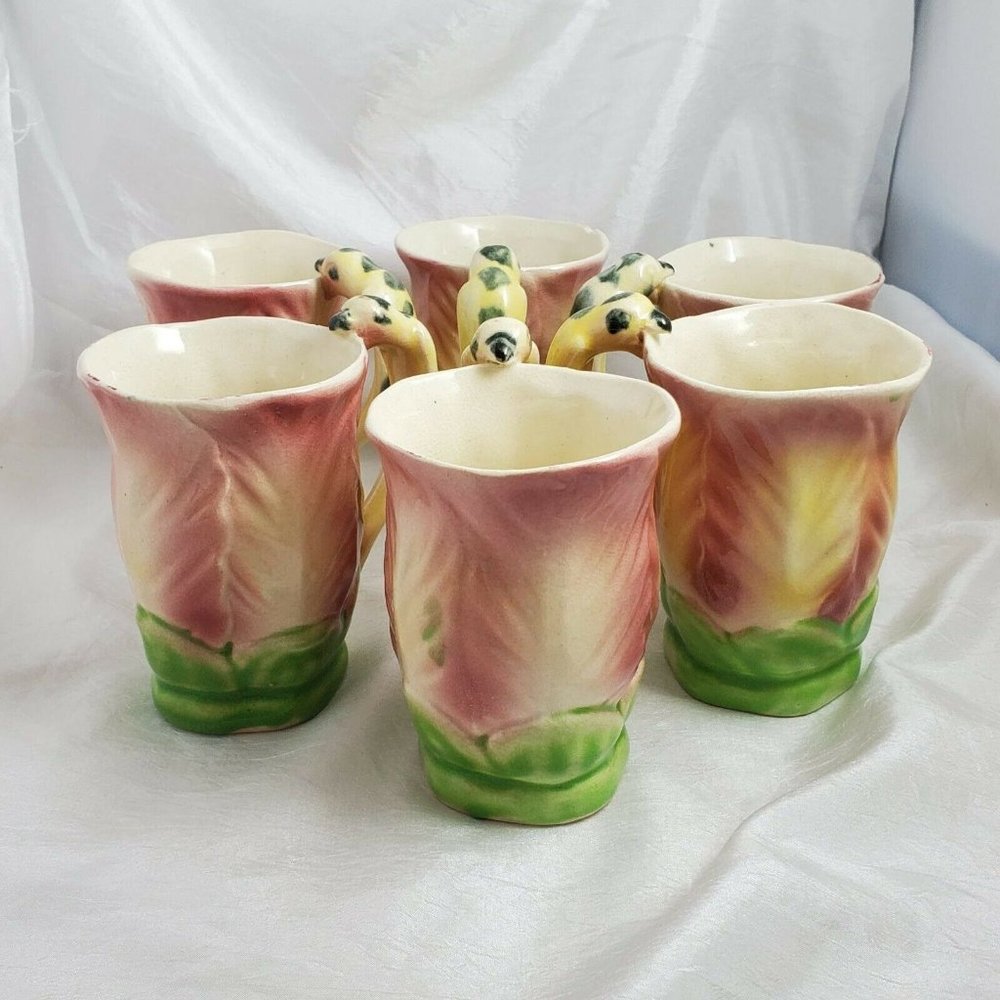 Vintage Majolica Tropical Flower Bird Parrot Mugs